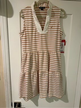 Nautica White and Tan Striped Sleeveless Tiered Mini Dress